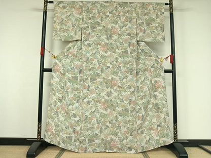 平和屋着物▽上質な小紋　単衣　手描き　扇面風景文　鬼しぼ縮緬　正絹　逸品　AABK3799jh