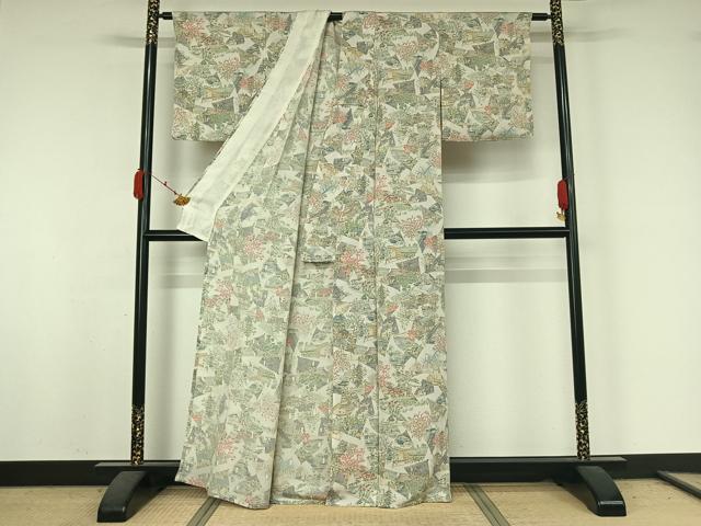 平和屋着物▽上質な小紋　単衣　手描き　扇面風景文　鬼しぼ縮緬　正絹　逸品　AABK3799jh