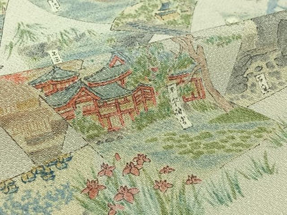 平和屋着物▽上質な小紋　単衣　手描き　扇面風景文　鬼しぼ縮緬　正絹　逸品　AABK3799jh
