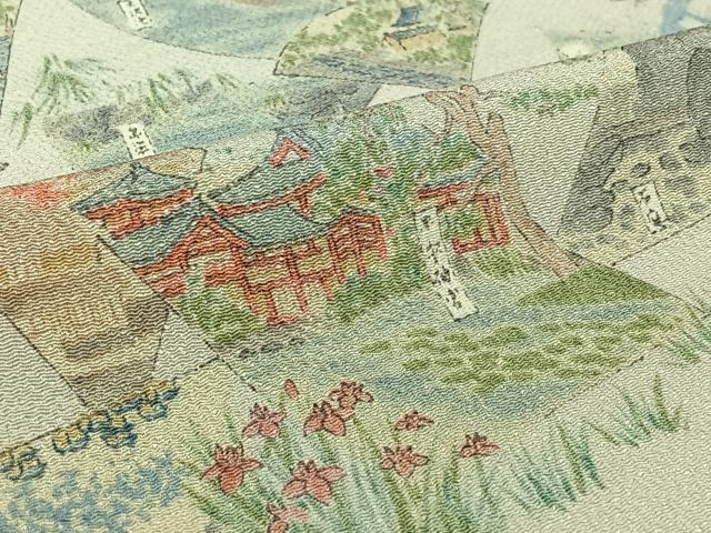 平和屋着物▽上質な小紋　単衣　手描き　扇面風景文　鬼しぼ縮緬　正絹　逸品　AABK3799jh