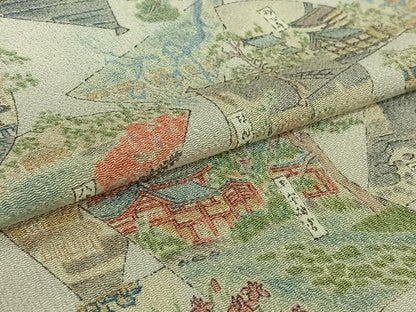 平和屋着物▽上質な小紋　単衣　手描き　扇面風景文　鬼しぼ縮緬　正絹　逸品　AABK3799jh