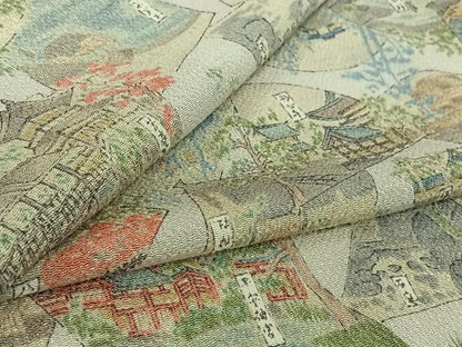 平和屋着物▽上質な小紋　単衣　手描き　扇面風景文　鬼しぼ縮緬　正絹　逸品　AABK3799jh