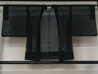 平和屋着物▽羽織　スリーシーズン　春夏秋　塵除け　流水草葉文　黒地　正絹　逸品　AABK3800jh
