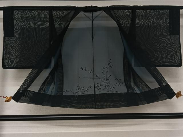 平和屋着物▽羽織　スリーシーズン　春夏秋　塵除け　流水草葉文　黒地　正絹　逸品　AABK3800jh