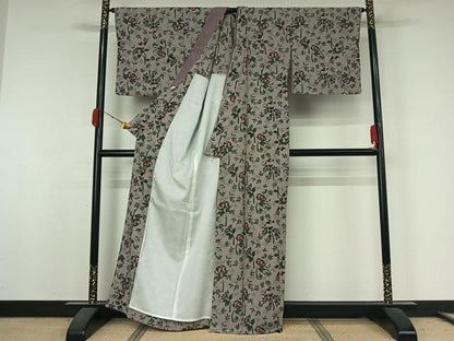 平和屋着物▽小紋　単衣　草花文　洗える着物　AABK3801jh