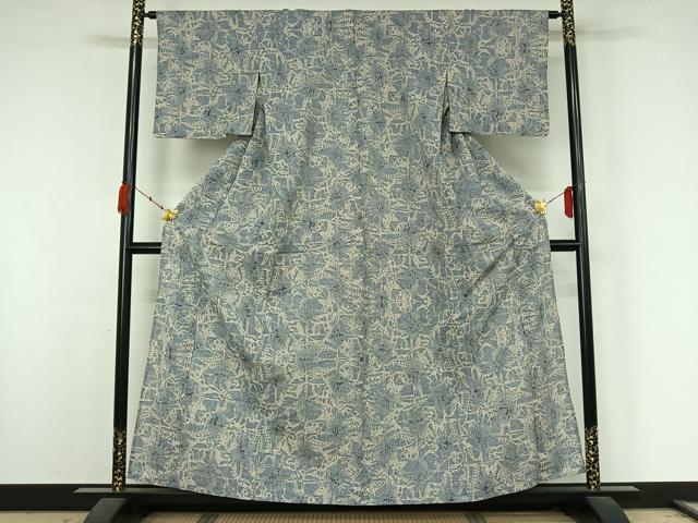 平和屋着物▽小紋　単衣　型染め　花蝶文　綿　AABK3812jh