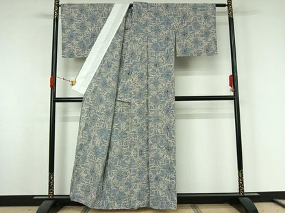 平和屋着物▽小紋　単衣　型染め　花蝶文　綿　AABK3812jh