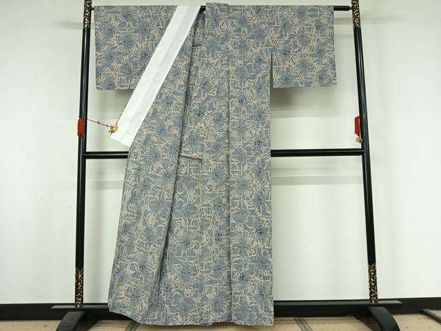平和屋着物▽小紋　単衣　型染め　花蝶文　綿　AABK3812jh