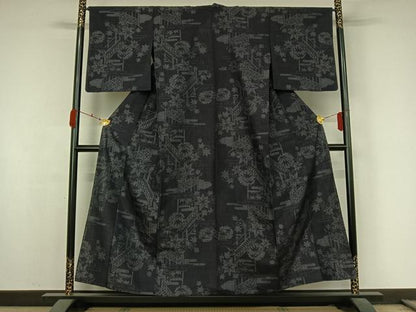 平和屋着物▽結城紬　単衣　100亀甲　雪輪舞葉文　正絹　逸品　AABK3815jh