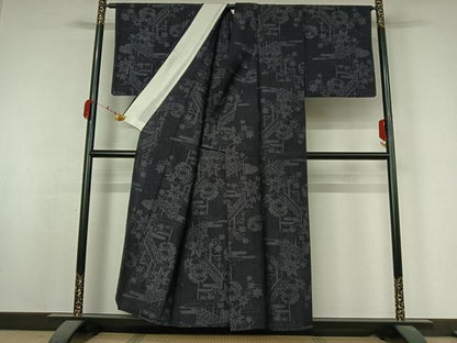 平和屋着物▽結城紬　単衣　100亀甲　雪輪舞葉文　正絹　逸品　AABK3815jh