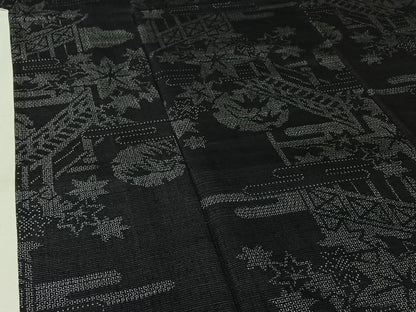 平和屋着物▽結城紬　単衣　100亀甲　雪輪舞葉文　正絹　逸品　AABK3815jh