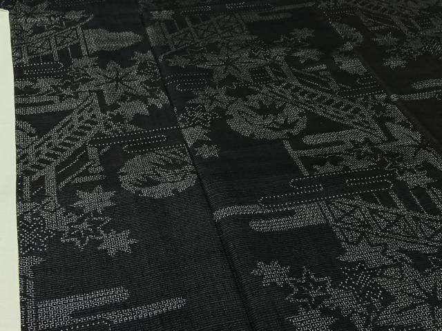 平和屋着物▽結城紬　単衣　100亀甲　雪輪舞葉文　正絹　逸品　AABK3815jh