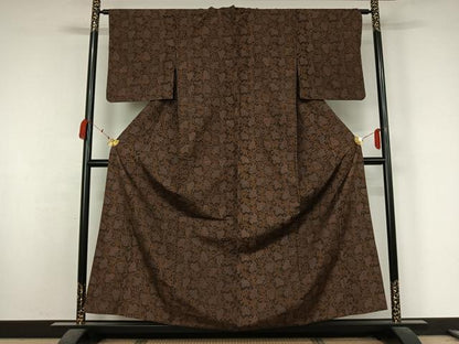 平和屋着物▽上質な小紋　単衣　紬地　更紗花文　正絹　逸品　AABK3816jh