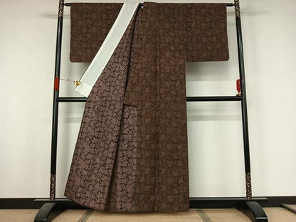 平和屋着物▽上質な小紋　単衣　紬地　更紗花文　正絹　逸品　AABK3816jh