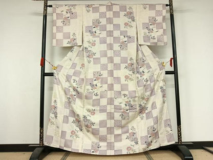 平和屋着物●上質な小紋　単衣　枝花文　金彩　銀通し地　正絹　逸品　AABK3818jh