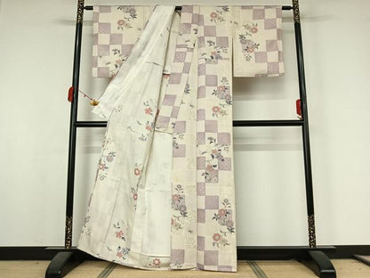 平和屋着物●上質な小紋　単衣　枝花文　金彩　銀通し地　正絹　逸品　AABK3818jh