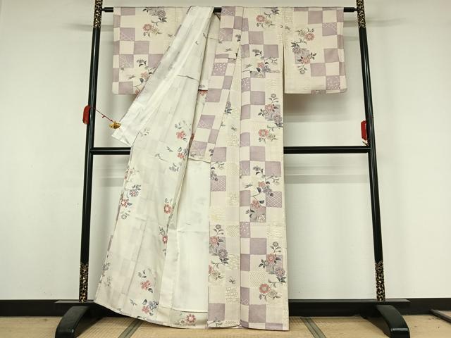 平和屋着物●上質な小紋　単衣　枝花文　金彩　銀通し地　正絹　逸品　AABK3818jh
