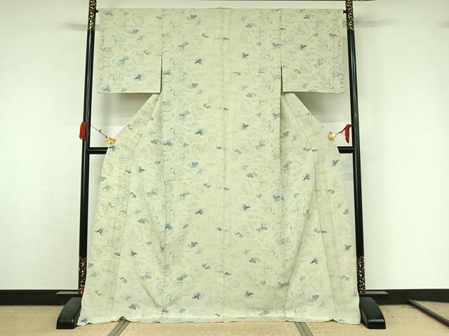 平和屋着物▽藍造り国選定無形文化財　藍師・佐藤昭人　小紋　単衣　型染め　花蝶文　ロング丈　正絹　逸品　AABK3820jh