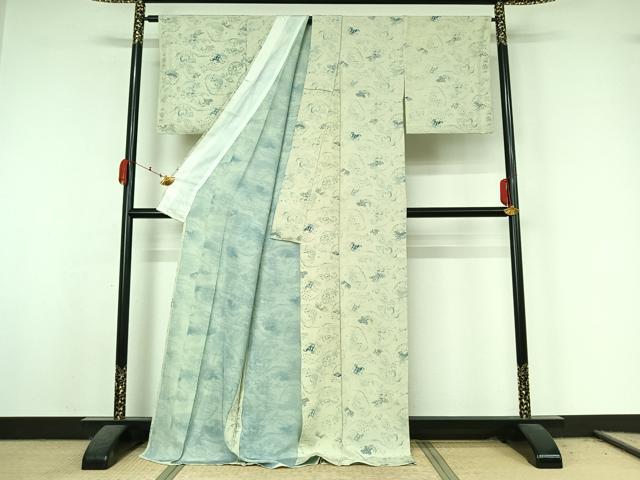 平和屋着物▽藍造り国選定無形文化財　藍師・佐藤昭人　小紋　単衣　型染め　花蝶文　ロング丈　正絹　逸品　AABK3820jh