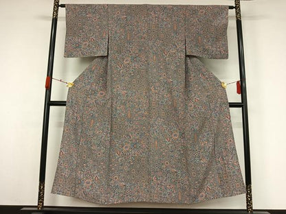平和屋着物●上質な小紋　単衣　手描き　更紗花鳥文　正絹　逸品　AABK3822jh