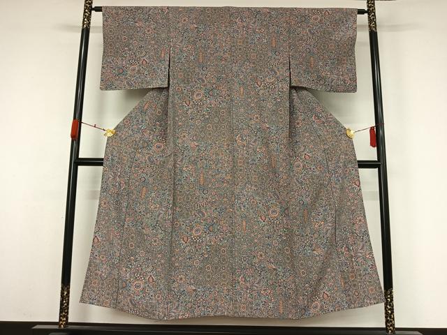 平和屋着物●上質な小紋　単衣　手描き　更紗花鳥文　正絹　逸品　AABK3822jh