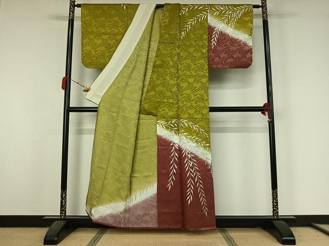 平和屋着物▽訪問着　単衣　草葉文　暈し染め　銀彩　洗える着物　AABK3826jh