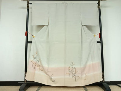 平和屋着物▽訪問着　単衣　紬地　作家物　手描き　草花文　暈し染め　正絹　逸品　AABK3827jh