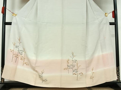平和屋着物▽訪問着　単衣　紬地　作家物　手描き　草花文　暈し染め　正絹　逸品　AABK3827jh