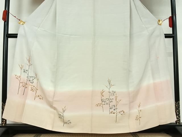 平和屋着物▽訪問着　単衣　紬地　作家物　手描き　草花文　暈し染め　正絹　逸品　AABK3827jh