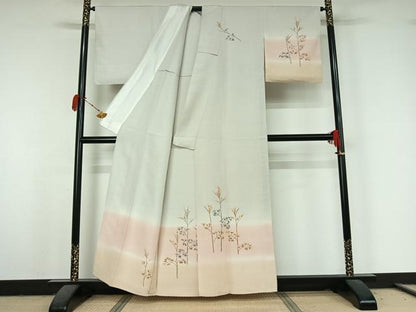 平和屋着物▽訪問着　単衣　紬地　作家物　手描き　草花文　暈し染め　正絹　逸品　AABK3827jh