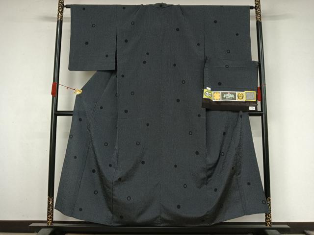 平和屋着物▽塩沢紬　単衣　丸文　黒地　証紙付き　正絹　逸品　AABK3830jh