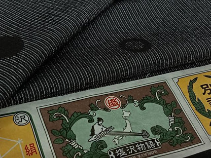 平和屋着物▽塩沢紬　単衣　丸文　黒地　証紙付き　正絹　逸品　AABK3830jh