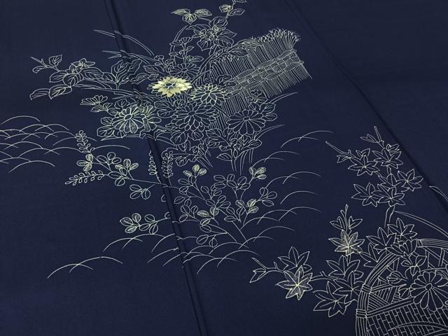 平和屋着物▽訪問着　単衣　手描き　刺繍　花籬文　正絹　逸品　AABK3831jh