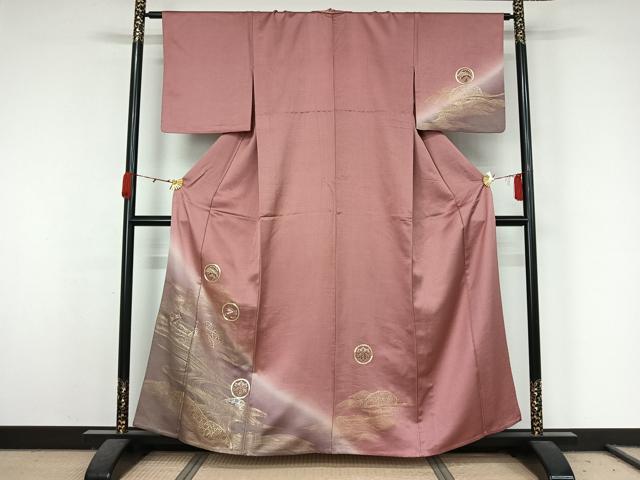 平和屋着物▽訪問着　単衣　駒刺繍　流水花丸文　暈し染め　金糸　金彩　正絹　逸品　AABK3835jh