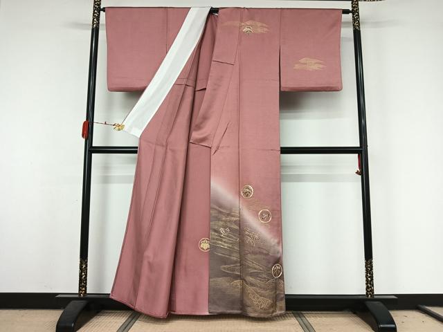 平和屋着物▽訪問着　単衣　駒刺繍　流水花丸文　暈し染め　金糸　金彩　正絹　逸品　AABK3835jh