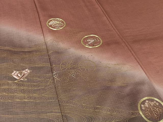 平和屋着物▽訪問着　単衣　駒刺繍　流水花丸文　暈し染め　金糸　金彩　正絹　逸品　AABK3835jh