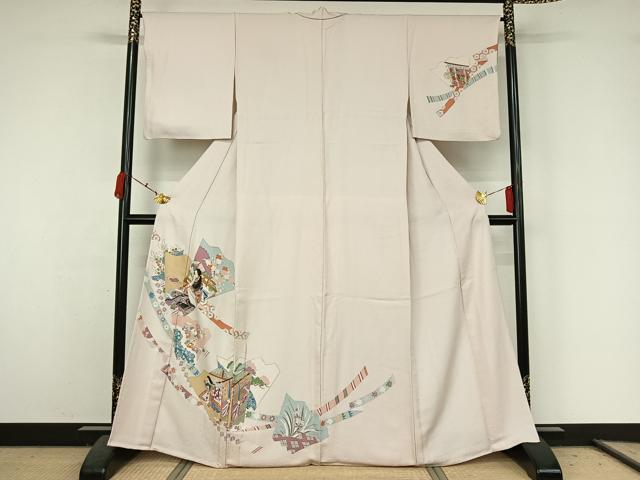 平和屋着物▽訪問着　単衣　刺繍　扇面人物花文　金彩　正絹　逸品　AABK3842jh