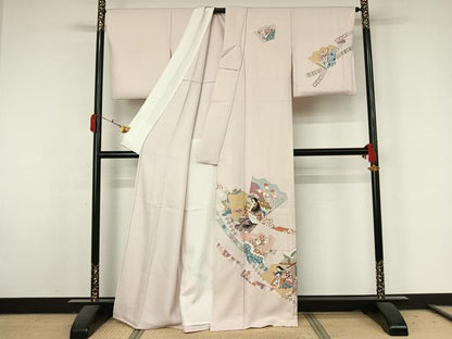 平和屋着物▽訪問着　単衣　刺繍　扇面人物花文　金彩　正絹　逸品　AABK3842jh