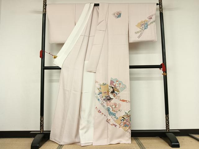 平和屋着物▽訪問着　単衣　刺繍　扇面人物花文　金彩　正絹　逸品　AABK3842jh