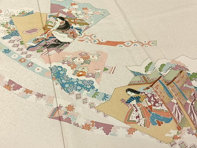 平和屋着物▽訪問着　単衣　刺繍　扇面人物花文　金彩　正絹　逸品　AABK3842jh