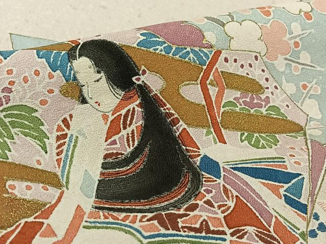 平和屋着物▽訪問着　単衣　刺繍　扇面人物花文　金彩　正絹　逸品　AABK3842jh