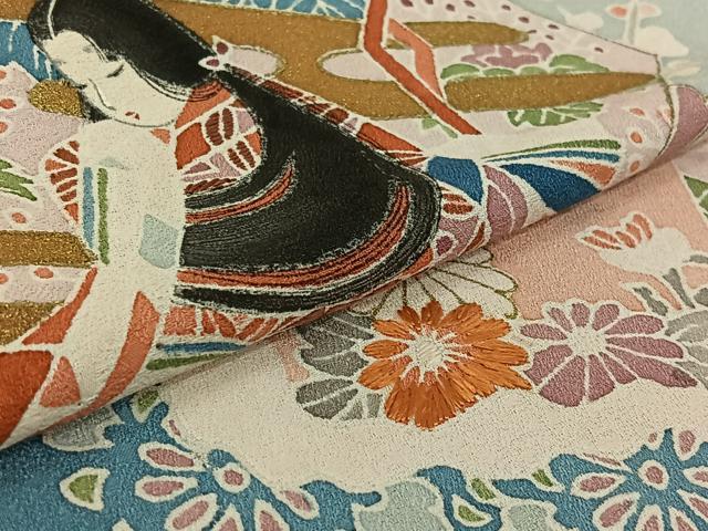 平和屋着物▽訪問着　単衣　刺繍　扇面人物花文　金彩　正絹　逸品　AABK3842jh