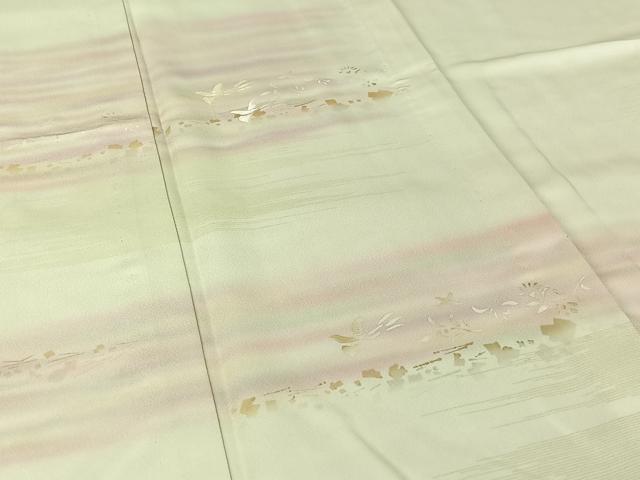 平和屋着物▽訪問着　単衣　刺繍　花鳥文　暈し染め　金彩　正絹　逸品　AABK3843jh