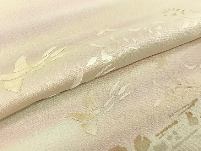 平和屋着物▽訪問着　単衣　刺繍　花鳥文　暈し染め　金彩　正絹　逸品　AABK3843jh