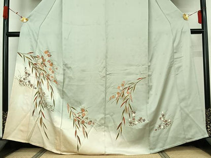 平和屋着物▽訪問着　単衣　駒刺繍　草花文　暈し染め　金彩　正絹　逸品　AABK3844jh