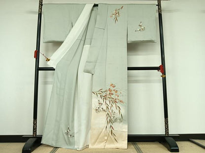 平和屋着物▽訪問着　単衣　駒刺繍　草花文　暈し染め　金彩　正絹　逸品　AABK3844jh