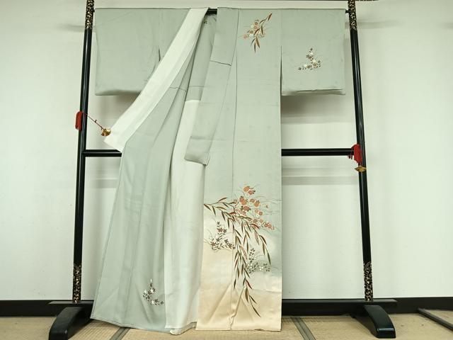 平和屋着物▽訪問着　単衣　駒刺繍　草花文　暈し染め　金彩　正絹　逸品　AABK3844jh