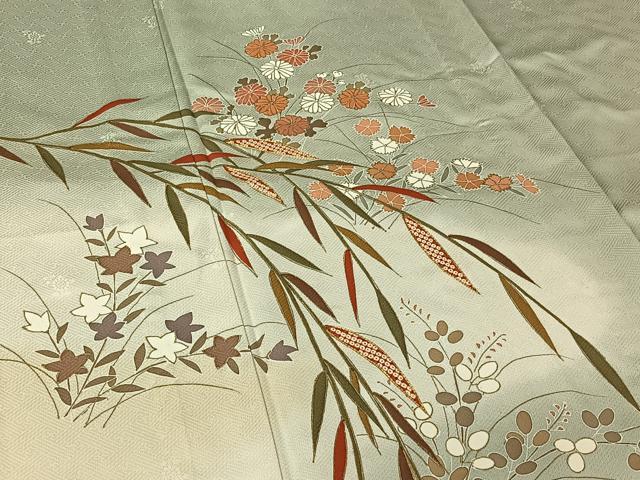 平和屋着物▽訪問着　単衣　駒刺繍　草花文　暈し染め　金彩　正絹　逸品　AABK3844jh