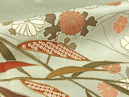 平和屋着物▽訪問着　単衣　駒刺繍　草花文　暈し染め　金彩　正絹　逸品　AABK3844jh