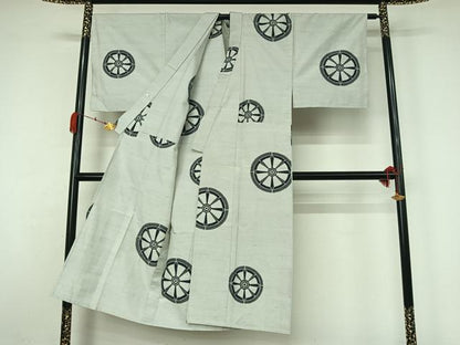 平和屋着物▽男性　紬　単衣　源氏車文　正絹　逸品　AABK3851jh